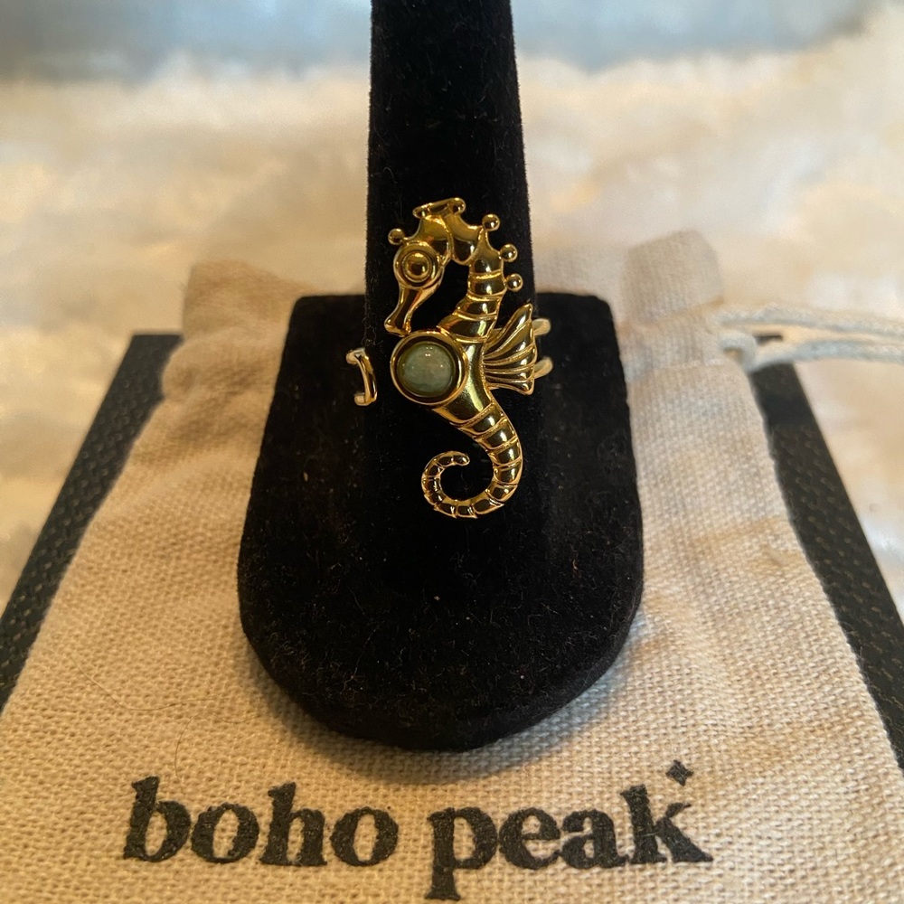Boho Peak Gold Seahorse Ring with Green Accent